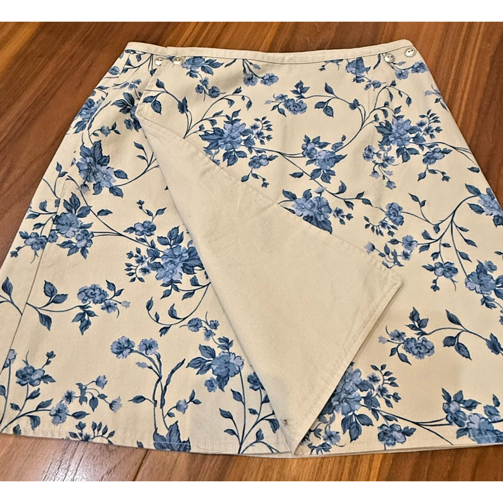 Denim & Co Blue Tan Flower Reverse Wrap Mini Skirt Large Cotton Y2K Vintage NEW!